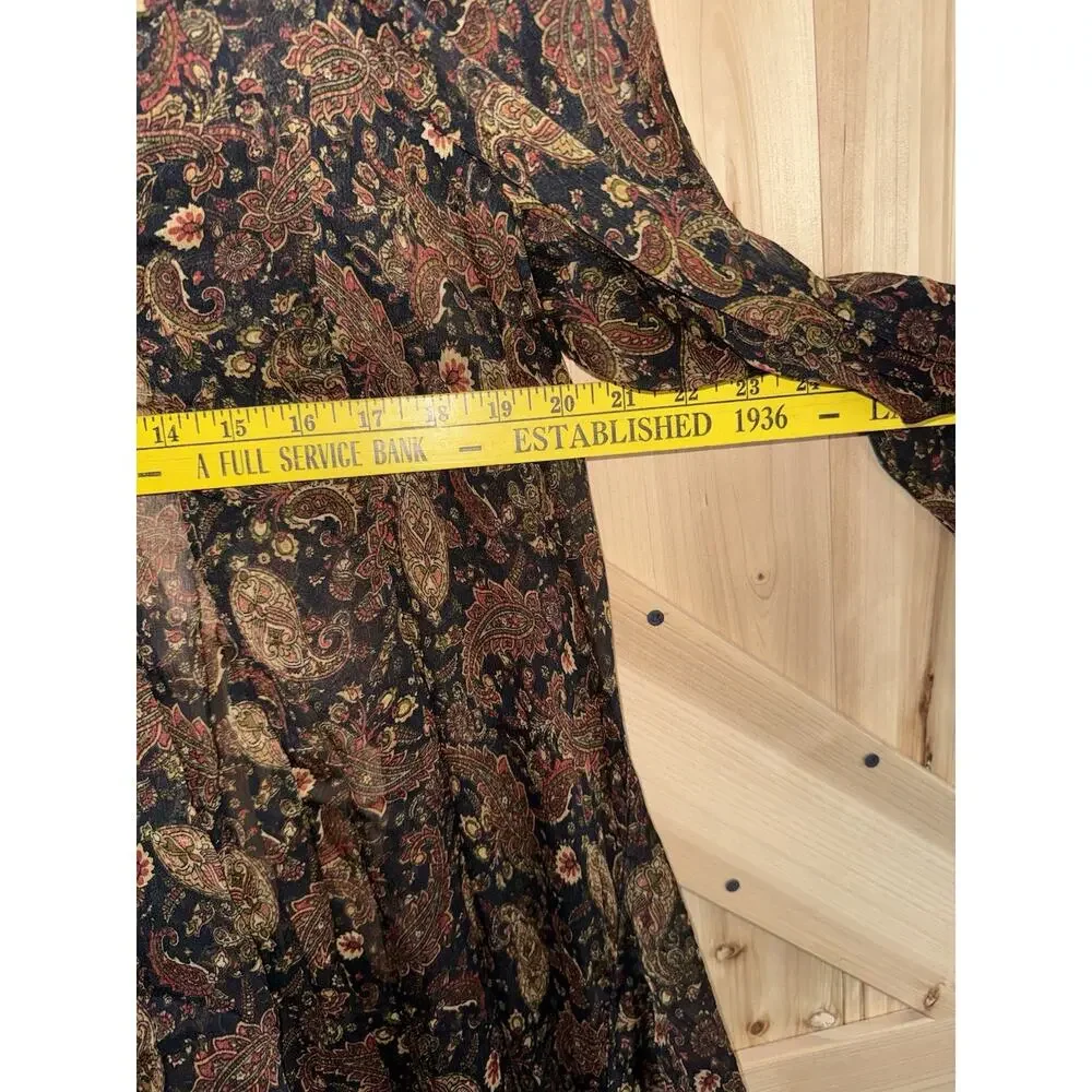 Free People Sheer Ruffle Brown Paisley Y2K Boho High Low Duster Cover Up Sz M/L